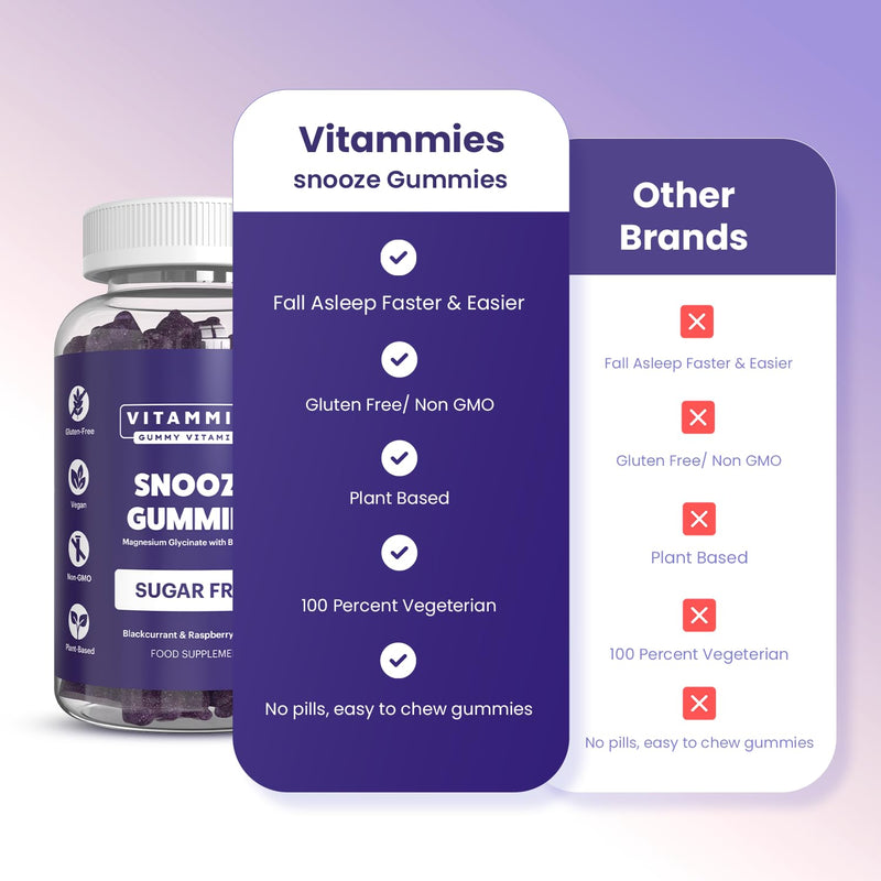 Vitammies Magnesium Glycinate Snooze Gummies - Magnesium Vegan Sleep Gummies with Lemon Balm & Chamomile - Magnesium Supplements Sugar Free Chewables - Blackcurrant Raspberry - 60 Count