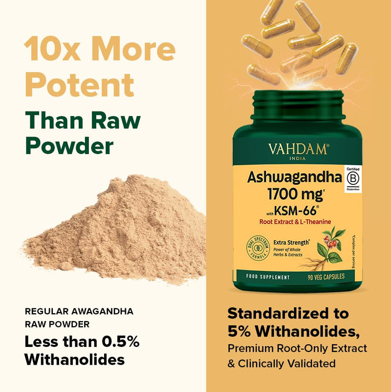 VAHDAM Ashwagandha Supplement 1700mg | 90 Capsules (1 Months Supply) with KSM- 66 Ashwagandha Root Extract and L-Theanine