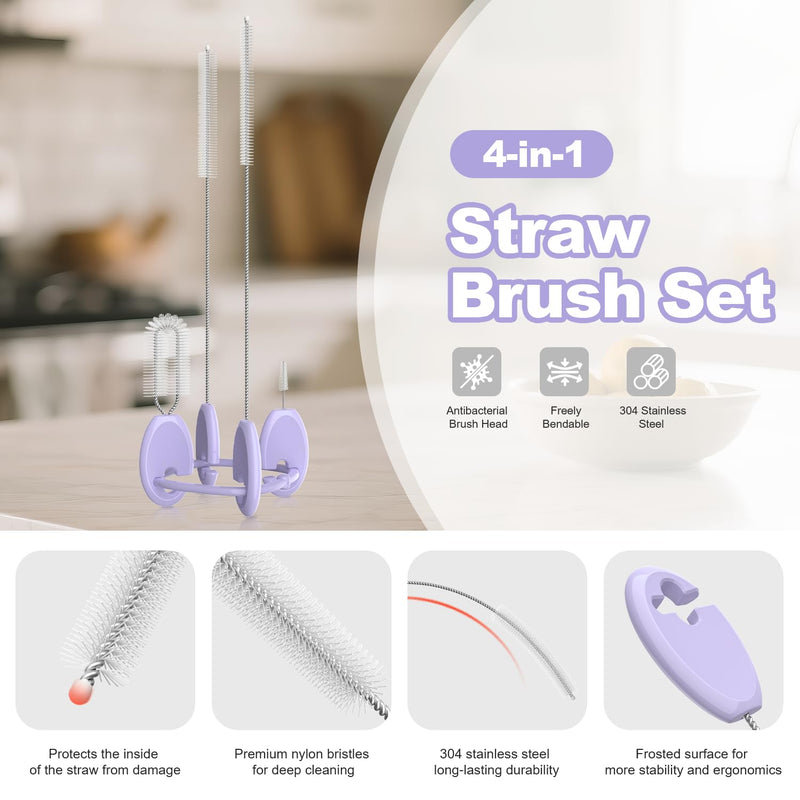 [Australia] - YOTIME Standing Straw Cleaner Brush Set, 4in1 Reusable Straw Brushes with Holder Ring, for Wide and Narrow Straws, Tumblers, Water Bottles and Cups, Purple Standard | Purple 
