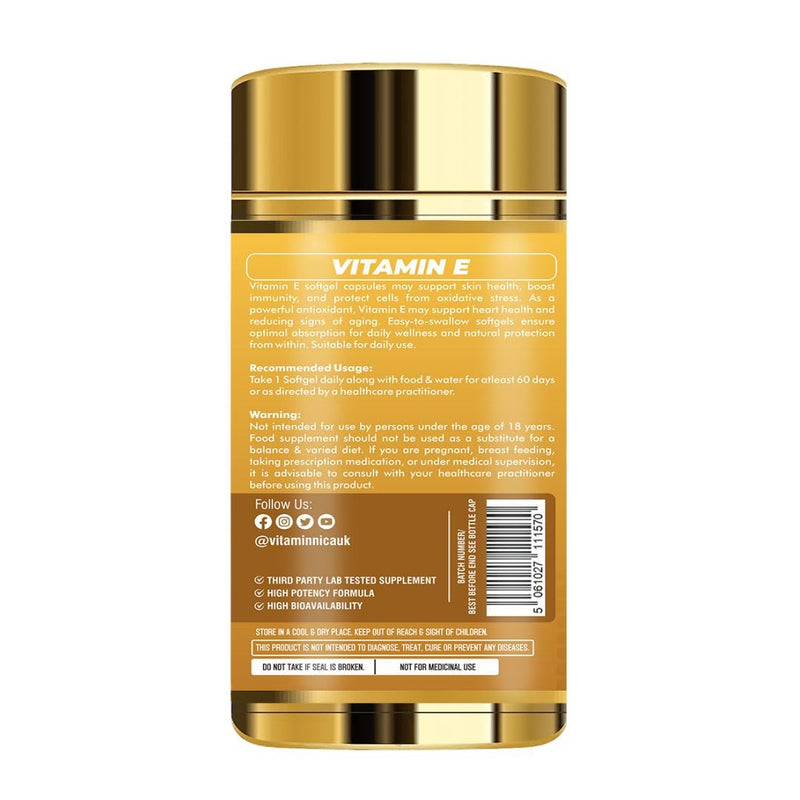 Vitaminnica Vitamin E- 120 Softgels 200 IU – Antioxidant Support for Skin, Hair, Immunity & Cellular Protection