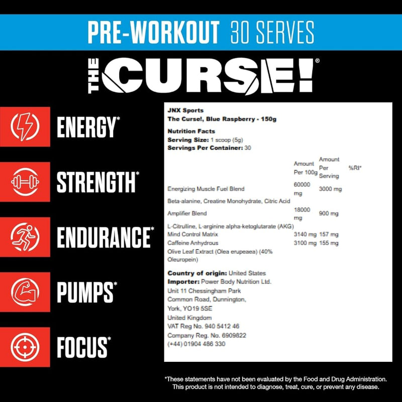 JNX The Curse! Pre Workout Powder - Orange Mango 50 Servings | Preworkout: Boost Strength, Energy + Focus for Men & Women | Caffeine, Beta-Alanine, Creatine & L-Citrulline (150 g, Cherry Limeade) 150 g