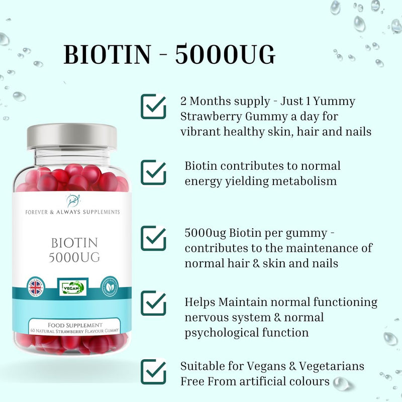 Biotin 5000ug Hair, Skin & Nail Vitamin Gummy | 60 x Vegan Strawberry Flavoured chewable Gummies for Men & Women | Beard, Hair, Skin & Nail Supplement