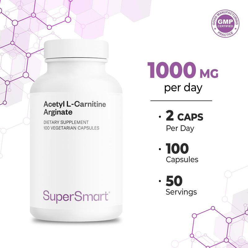 Supersmart - Acetyl L Carnitine Arginate 1000 mg Per Day - Amino Acids - Popular Brain Supplement | Non-GMO & Gluten Free - 120 Vegetarian Capsules