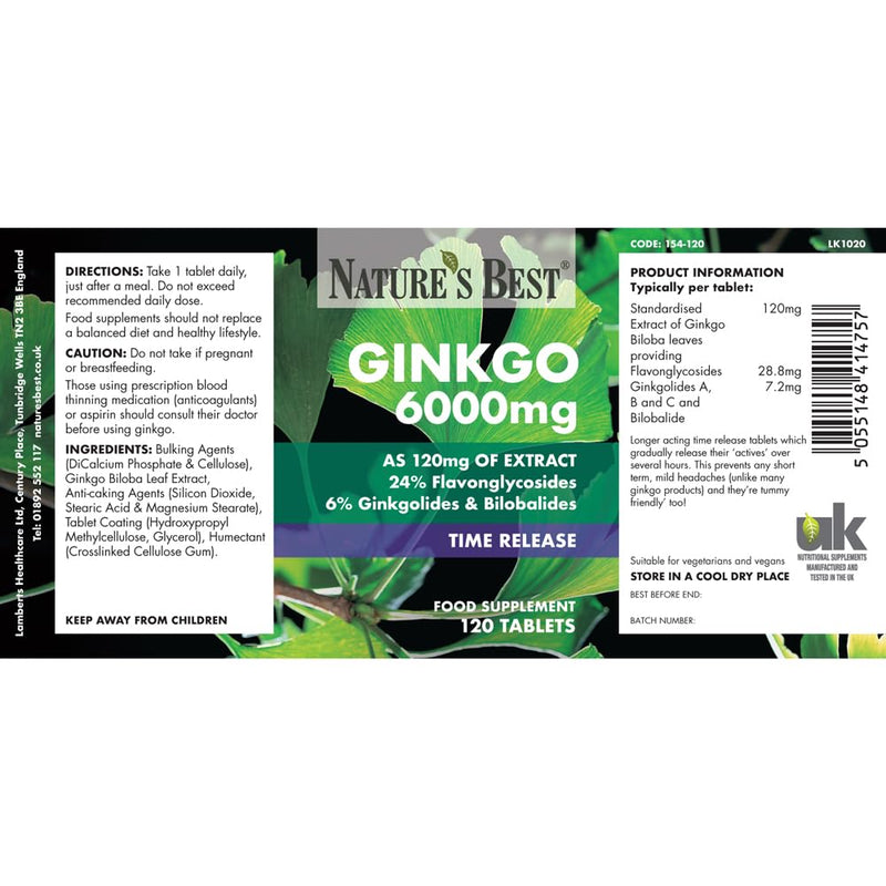 Nature's Best Ginkgo Biloba 6000mg - High Strength - Pure Grade Extract and Time Release Formula - UK Made - 120 Vegan Tablets (2 Months' Supply)