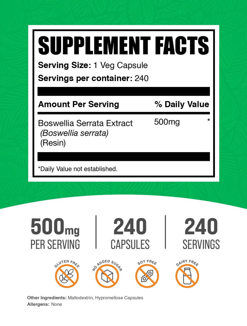 [Australia] - BulkSupplements.com Boswellia Serrata Extract Capsules - Boswellia Serrata Capsules - Boswellia Serrata Supplement, Gluten Free, 1 Capsule per Serving, 240 Veg Capsules (Pack of 1) 