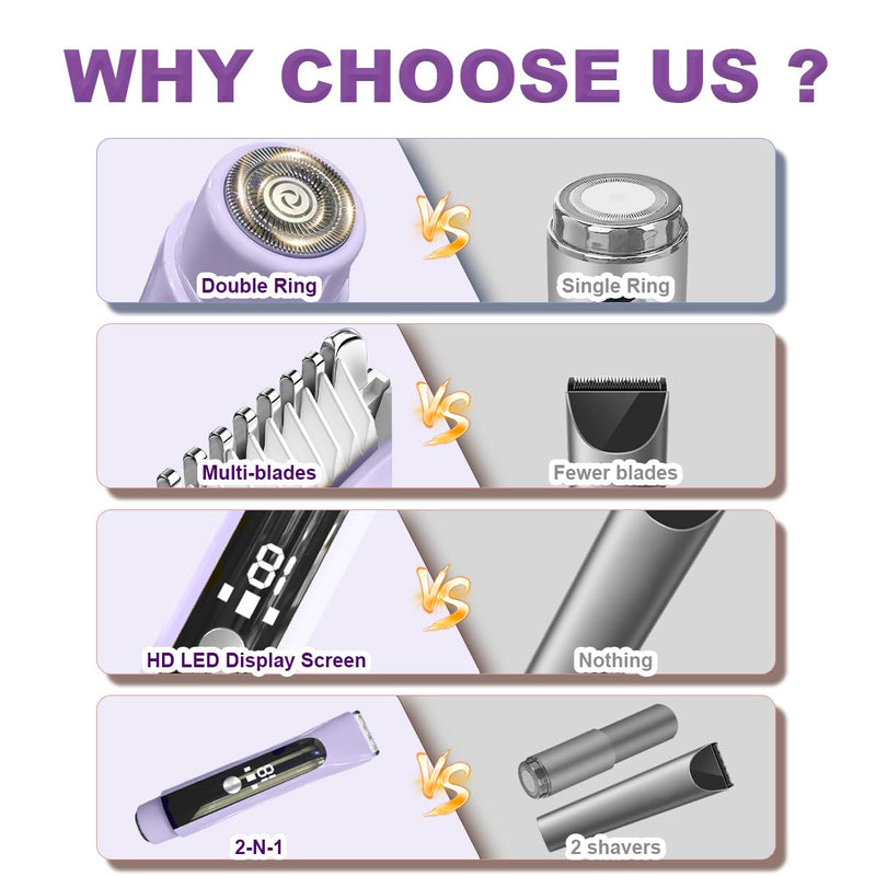 [Australia] - Electric Shaver for Women,2-in-1 Painless Hair Removal & Trimmer, IPX7 Waterproof for Shower Use for Face & Body Smooth Skin with LED Display, Rechargeable Razor for Travel Use Purple 