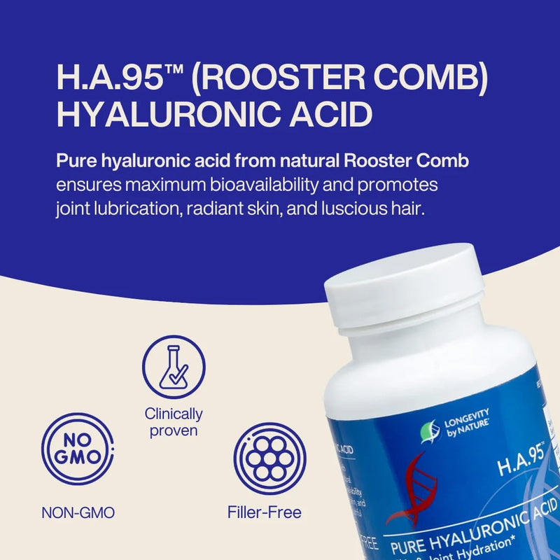 [Australia] - Longevity by Nature H.A.95 Hyaluronic Acid Supplements, Antioxidant, Skin Hydration, Eye, Joint, Natural Rooster Comb, 60 Capsules 