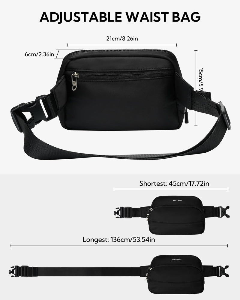 WATERFLY Fanny Pack Belt Bag for Men Women Casual Waist Pack | Lightweight 7oz, 8.3x5.9x2.4in, waist 24-47in, 3 zip pockets + slots + clip, water-repellent nylon, for travel, hiking, gym Black
