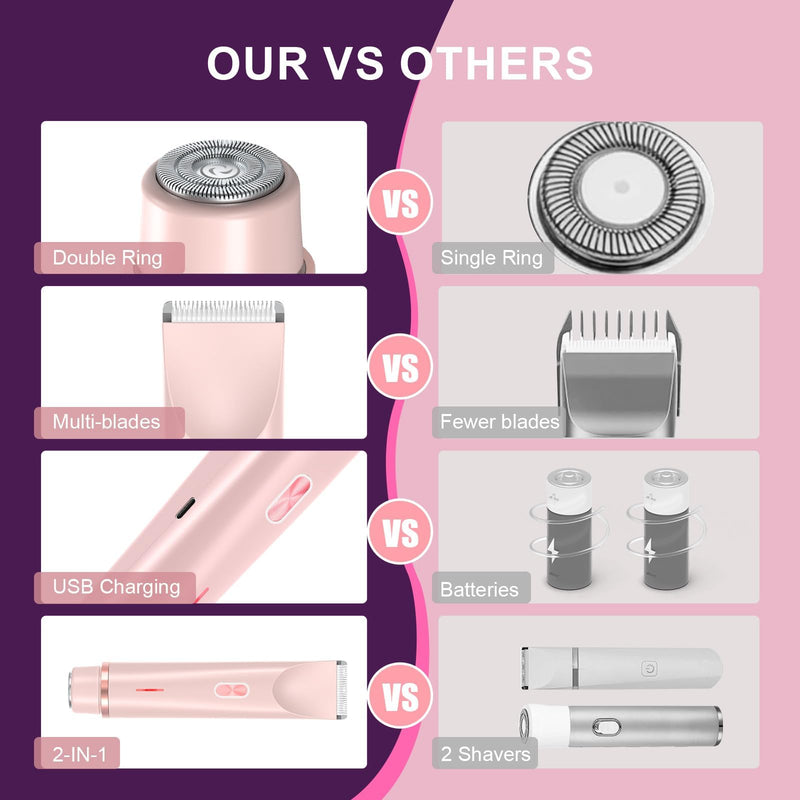 [Australia] - Glow Aura Womens Shaver 2 in 1, Bikini Trimmer for Women, Painless Hair Removal for Face,Body Waterproof Wet & Dry Use Body Hair Trimmer (Pink) Pink 