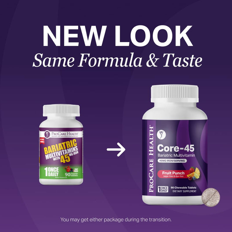 Core-45 Bariatric Multivitamin | Fruit Punch | Chewable | 30ct | Once Daily Bariatric Multivitamin with Iron 45mg Chewable Tablets for Gastric Bypass, Sleeve & Post-Op Support - Made in USA 30 Count (Pack of 1)