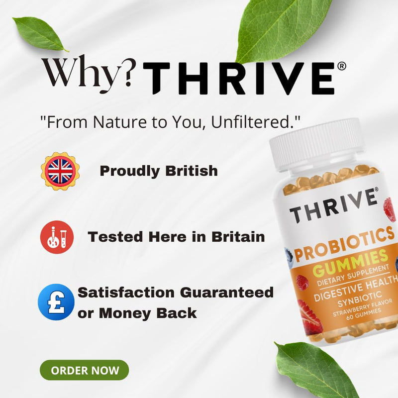 THRIVE Probiotics Gummies with 30 Billion Live & Active CFU Strain for Digestive Health & Gut Support, Synbiotic | Dairy & Gluten Free | Strawberry Flavour Gummies, High Bioavailability | 60 Gummies
