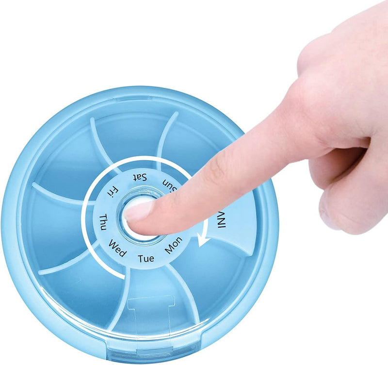 3PCS Weekly Pill Organizer Travel Pill Container Small Portable Pill Case | Cute Round Rotate Pill Dispemser 7 Day Daily Pill Box for Fish Oil Supplements Vitamins, Arthritis Friendly and Portable Blue 3pcs