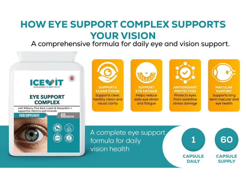 Eye Support Complex 60 Capsules with Lutein 10mg, Zeaxanthin 2mg, Bilberry & Pine Bark Extract, Vitamins E &C, Zinc for Normal Vision, Vegan Eye Health Supplement, Made in UK