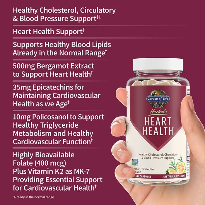 [Australia] - Garden of Life Herbals Heart Health Supplement with Folate, Bergamot, Green Tea & Vitamin E & K for Cholesterol, Circulatory & Blood Pressure Support, Non-GMO, Gluten-Free, Citrus Flavor, 30 Servings 