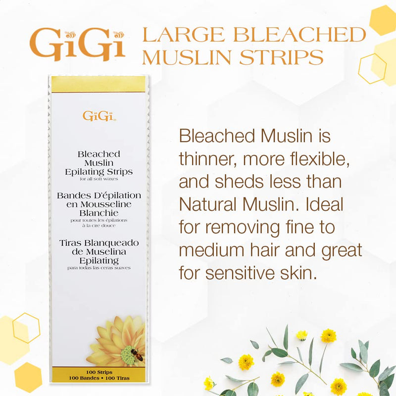 Gigi Bleached Muslin Epilating Strips for Soft Wax - Professional Hair Removal Wax Strips for Waxing, (3”X9”), 100 Strips, 1 Pack 1 Count (Pack of 1) Large Bleached Muslin Strips