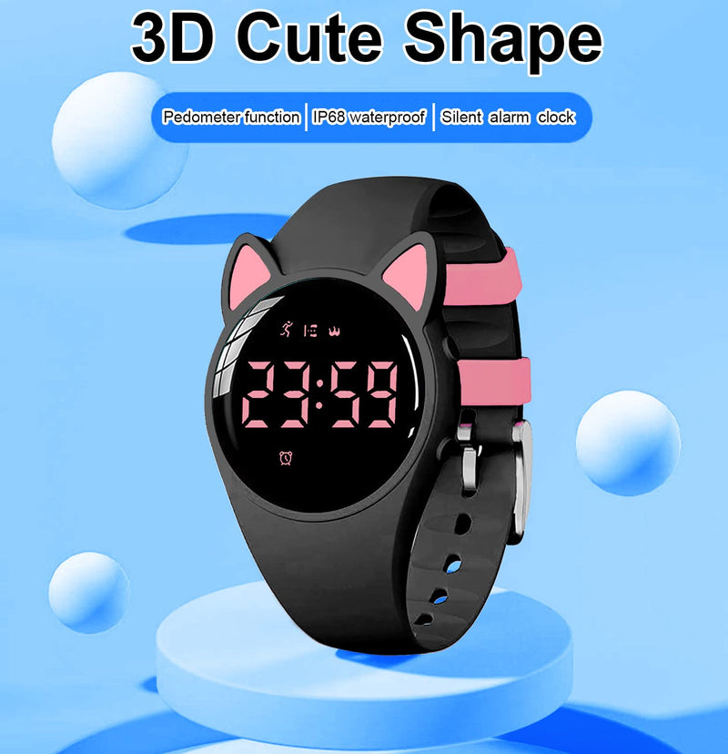 [Australia] - Kids Fitness Tracker Pedometer Watch No App/Bluetooth,20-Day Battery Life Rechargeable Watch, IP68 Waterproof Digital Watch for Girls Boys, Fitness Watch with Alarm Clock Step/Distance/Calorie Counter Black+Pink(LED display) 