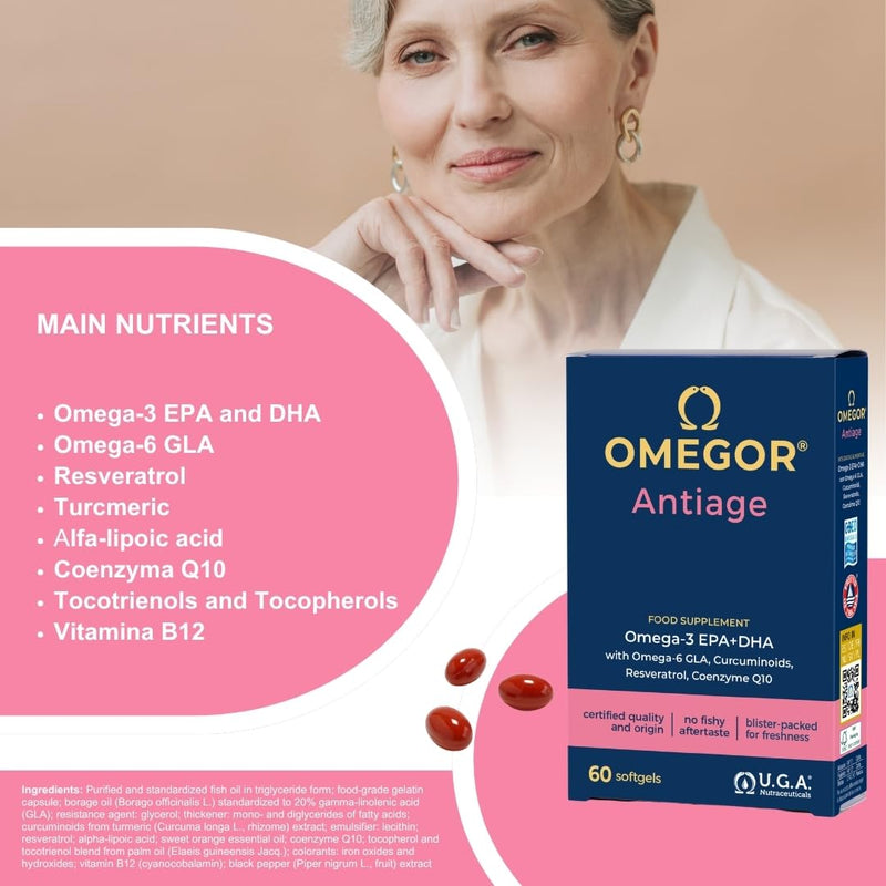 OMEGOR Antiage Skin Supplement with Omega 3 EPA/DHA and Omega 6 GLA, Resveratrol, Turmeric, Alpha Lipoic Acid, Coenzyme Q10, Tocotrienols, 60 Capsules