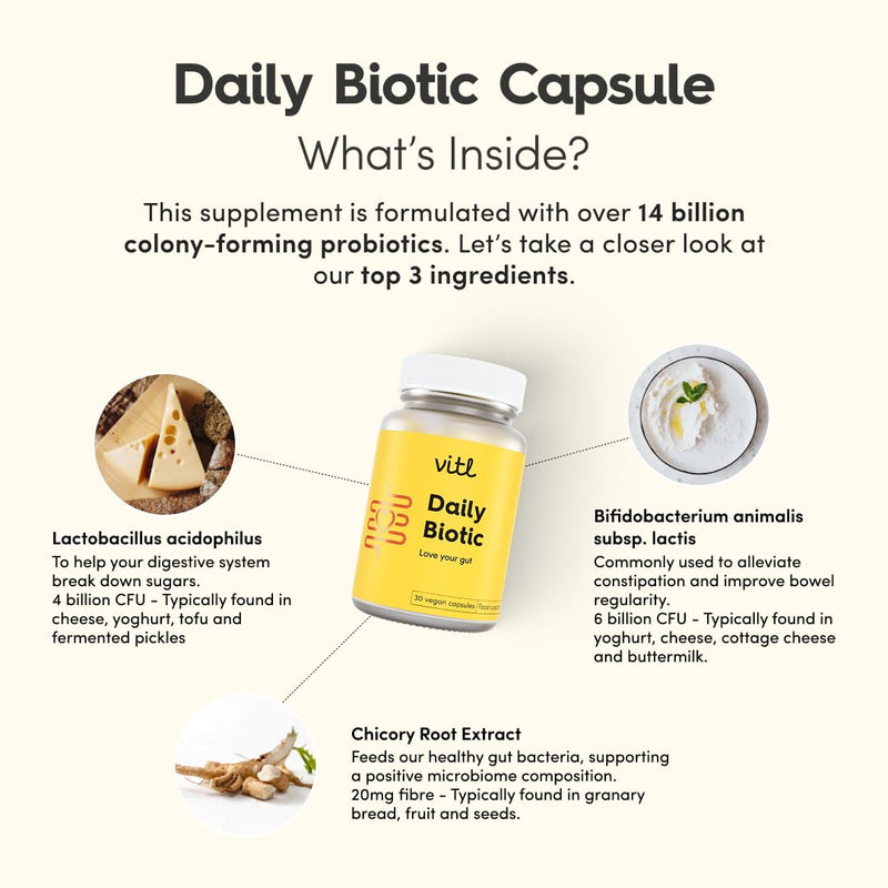 Vitl Daily Biotic with 9 Probiotic Strains - 30 Vegan Capsules - Probiotic with a Complex Blend of Gut Friendly Bacteria - Restore Balance in the Gut & Aid Digestion - 1 Month Supply 30 count (Pack of 1)