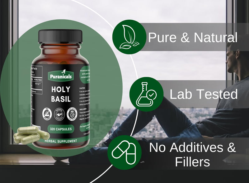 [Australia] - Holy Basil Premium 320 Capsules Non GMO and Gluten Free | Herbal Supplement | 600 mg Per Serving | Made with 100% Pure Herb Holy Basil Leaf Holy Basil Capsules 320 Count (Pack of 1) 