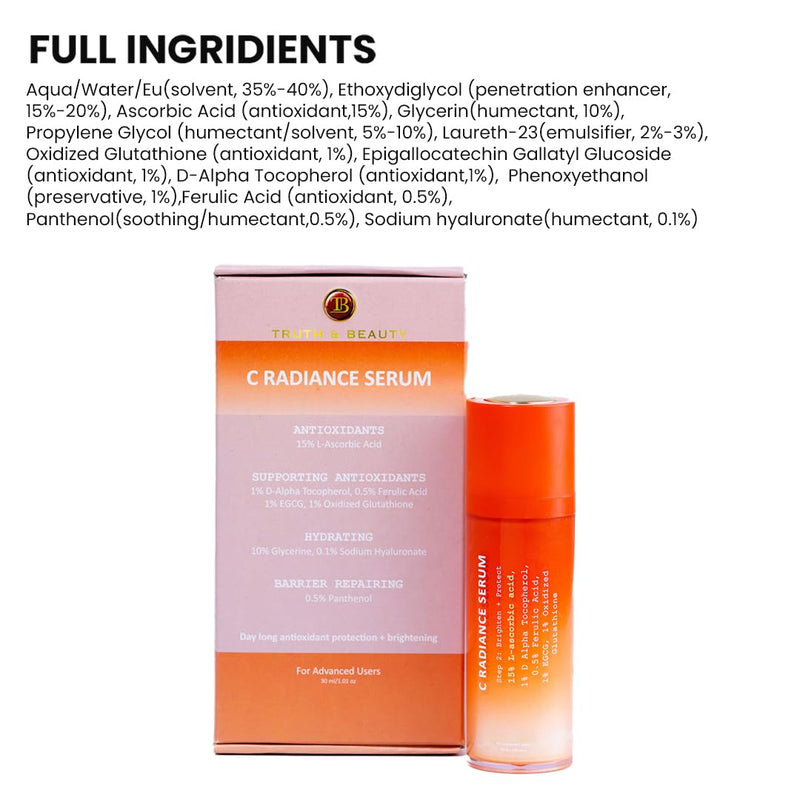 TRUTH & BEAUTY Vitamin C Serum for Face With Hyaluronic and Ferulic Acid, Boost Skin Collagen,Hydrate & Plump Skin, Anti Aging & Wrinkle Facial Serum - 1.01 Fl Oz Advance Advance C Radiance Serum