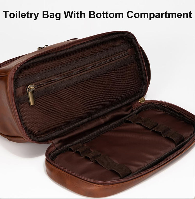 Toiletry Bag for Men Leather Travel Organizer Shaving Dopp Kit with hanging hook, Large Water-resistant Toiletries Bathroom Shaving Bags for Women redbrown