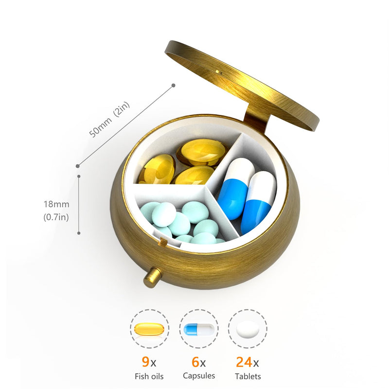 Small Pill Case Pill Box with Mirror Retro 3 Compartment Pill Holder for Purse or Pocket Bronze Portable Medicine Vitamin Container Fish Oil and Supplement Storage BPA-Free(Art Nouveau) Art Nouveau