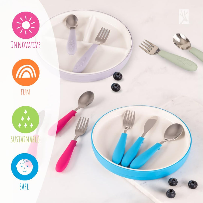 [Australia] - Elk and Friends Kids Silverware with Silicone Handle | Childrens Safe Flatware | Kids Utensils | Spoon + Fork + Knife set | 4 years+ | 6 Pieces Sage/MistyBlue 