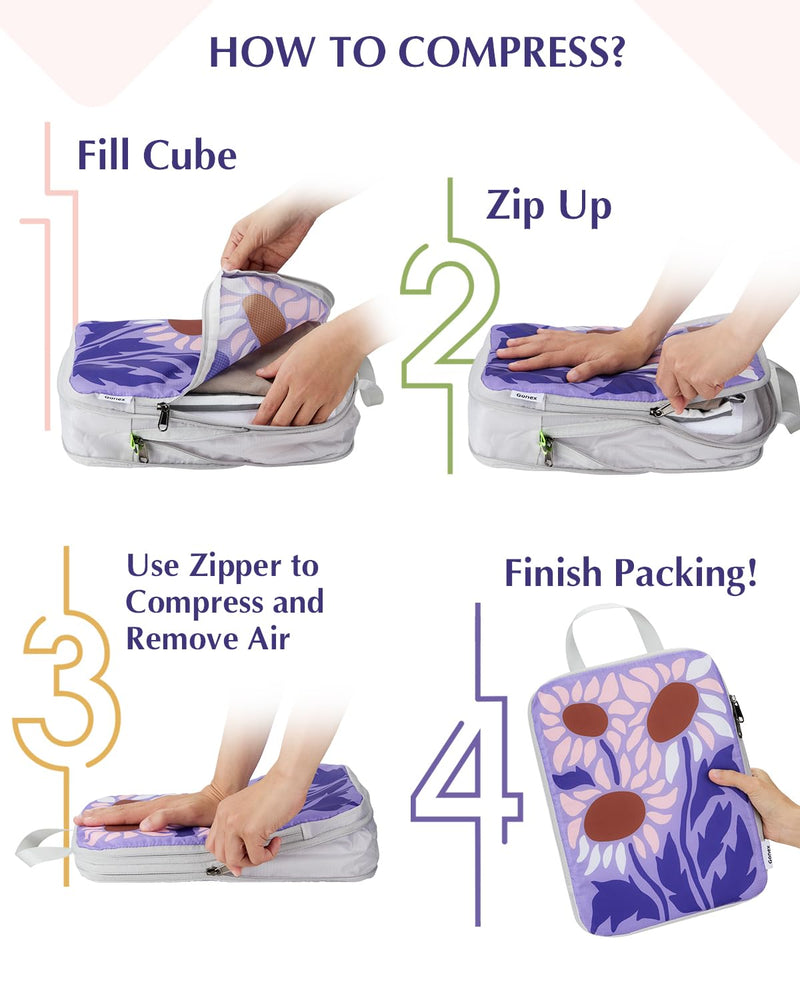 Gonex 6-Piece Compression Packing Cubes with Shoe & Laundry Bags | Floral Pattern, Ripstop Fabric, Double-Zip Compression, Carry-On Friendly, Lightweight Flowers 6 Set