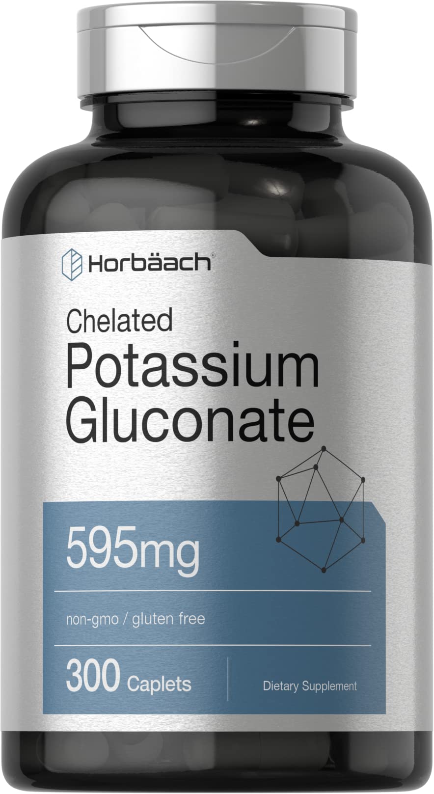 Horbäach Chelated Potassium Gluconate Supplement 595mg | 300 Count | Vegetarian, Non-GMO, Gluten Free 300 Count (Pack of 1)