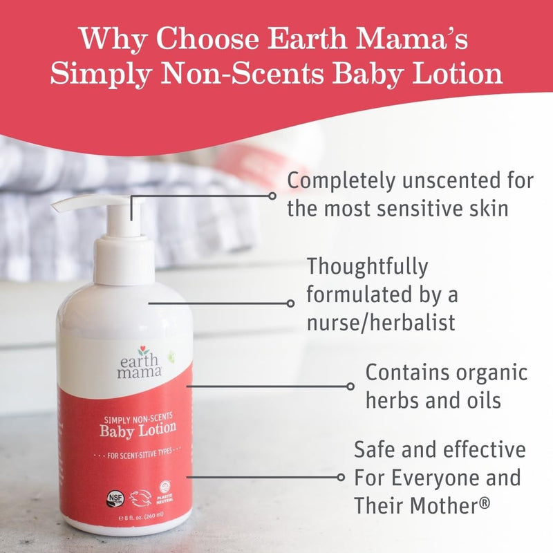 Earth Mama Simply Non-Scents Baby Lotion for Dry Skin - Calendula Cream for Newborn Skin Care - 8 oz - Fragrance Free - Infant Essentials Unscented 8 Fl Oz (Pack of 1)