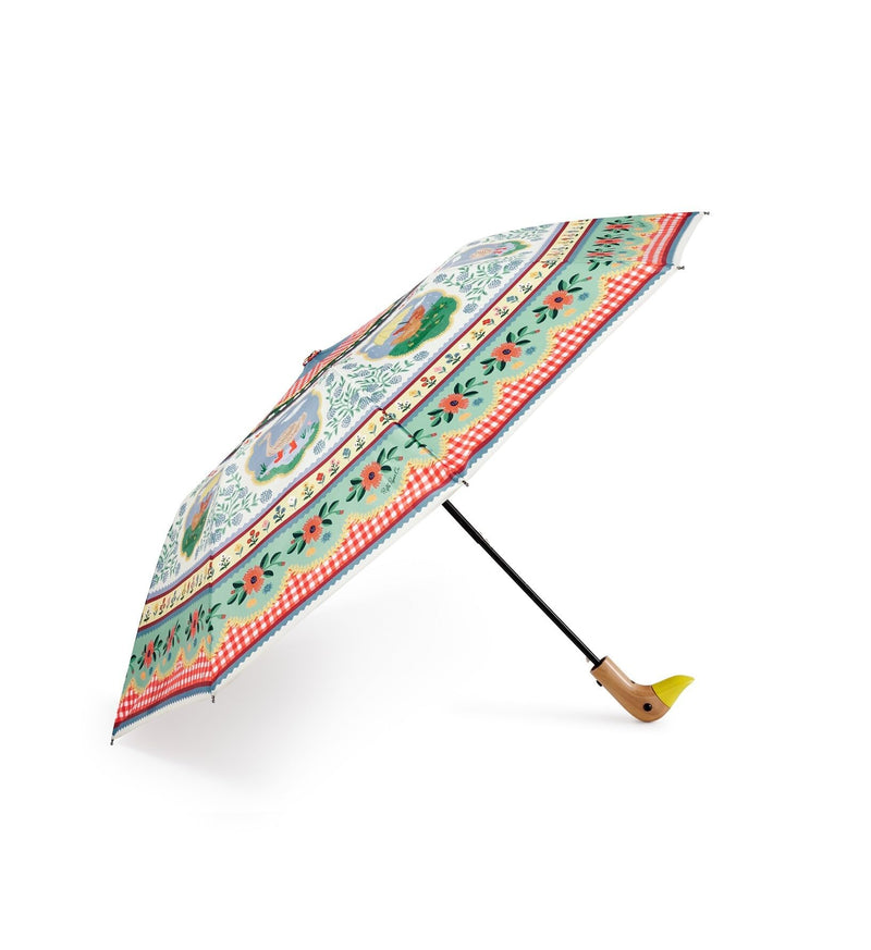 RIFLE PAPER CO. Home Sweet Home Umbrella with Matching Storage Sleeve | Automatic Open Function, 43" Open Diameter, 11" Closed Length, Wooden Duck Handle, Wrist Strap, Folds to Portable Size