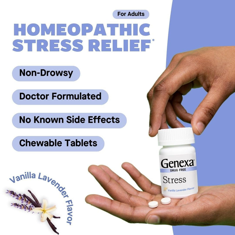 Genexa Stress, Anxiety & Stress Relief Made Clean, 180 Chewable Tablets | Dye Free, 0% Artificial Additives, Non-GMO, Gluten Free, Homeopathic Remedy, Natural Lavender Vanilla Flavor for Adults 3 Pack