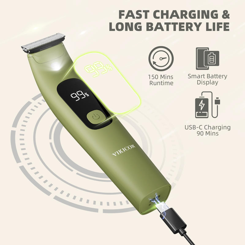 [Australia] - VIKICON Body Hair Trimmer for Men & Women: Safety Electric Razor for Pubic, Legs, Chest, Face w/Dual-Sided Single Blade & 5 Guide Combs, Waterproof Smooth Intimate Shaver, 150min Long Battery Life 