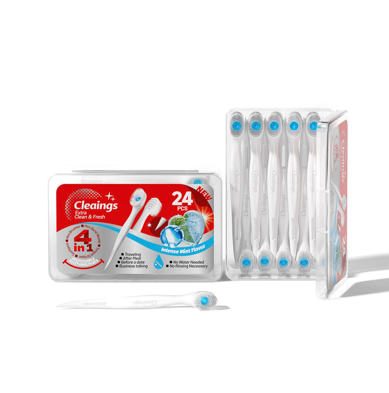 [Australia] - cleaings¬Æ Disposable Toothbrushes with Toothpaste Mini Travel Oral Care, 4-in-1 (Mini Brushes+Toothpaste+Tongue Scraper+Pick) Portable for Work,Camping Essentials(Intense Mint), 24 Count (Pack of 1) Intense Mint 