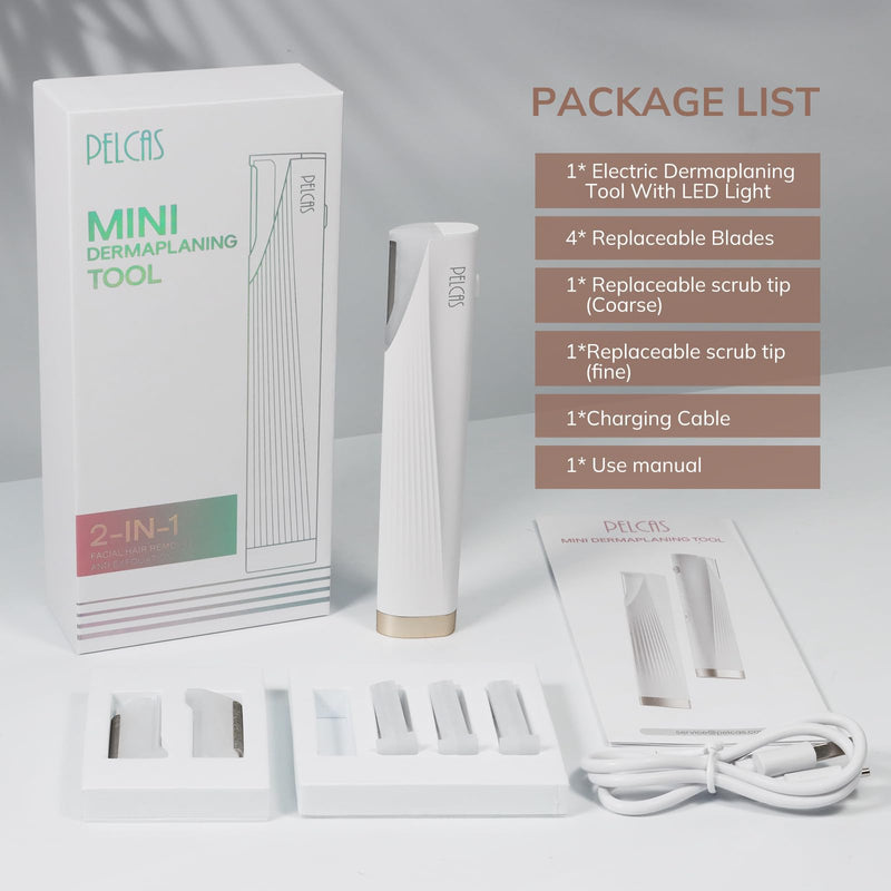 [Australia] - PELCAS Electric Dermaplaning Tool for Face with LED Light, Mini Facial Dermaplaning Razor Kit, Painless 3 Speeds Facial Peach Fuzz & Hair Removal at Home for Women with 6 Blades Off White 