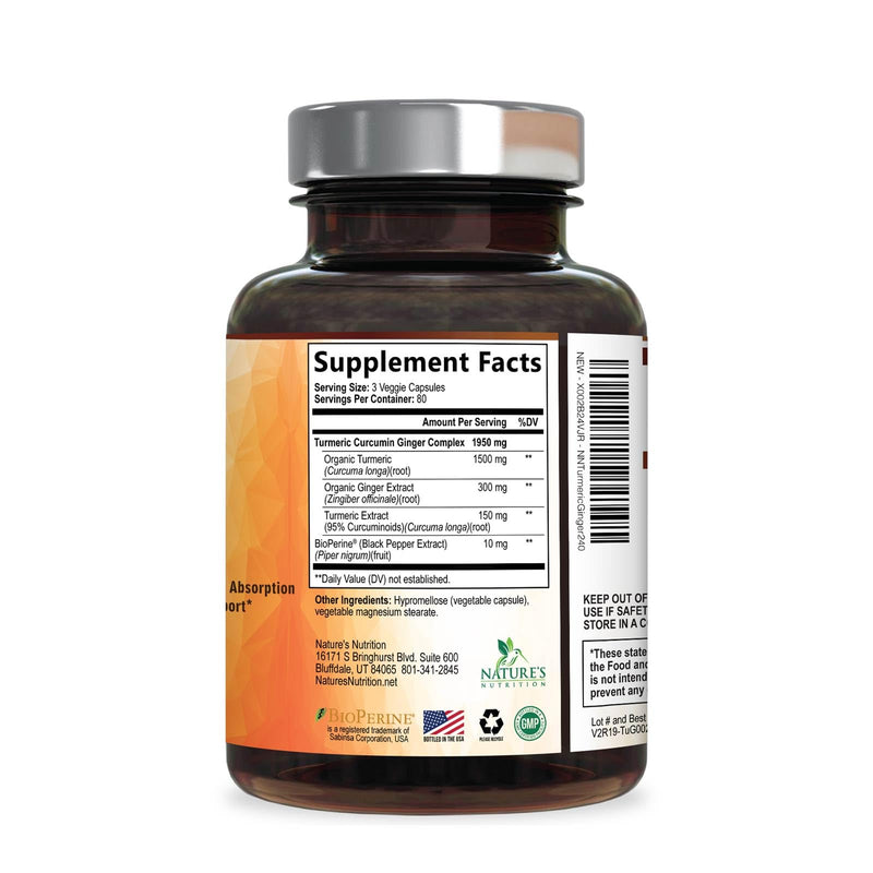 Turmeric Curcumin Supplement - 95% Curcuminoids with Organic Turmeric & Ginger, BioPerine Black Pepper Extract for Best Absorption, Natural Vegan Joint Support, Non-GMO, Bottled in USA - 240 Capsules 240 Count (Pack of 1)