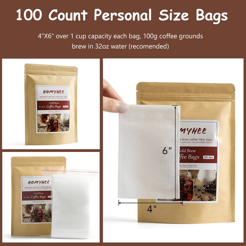 [Australia] - No Mess Cold Brew Coffee Filters - 100 Count Disposable Fine Mesh Brewing Bags for Concentrate/Iced Coffee Maker, French/Cold Press Kit, Hot Tea in Mason Jar or Pitcher, 4 x 6 Inches 100 Pack - 4" x 6" 