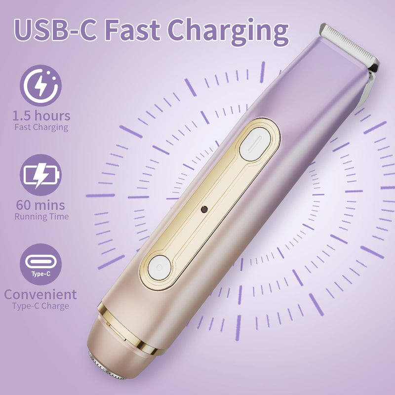 [Australia] - 2-in-1 Bikini Trimmer for Women, Dual Head Electric Razor, IPX6 Waterproof Wet/Dry Use Women Electric Shaver, Painless Body Hair Trimmer, Facial & Pubic Hair Remover for Underarm, Leg, Arm, Purple 