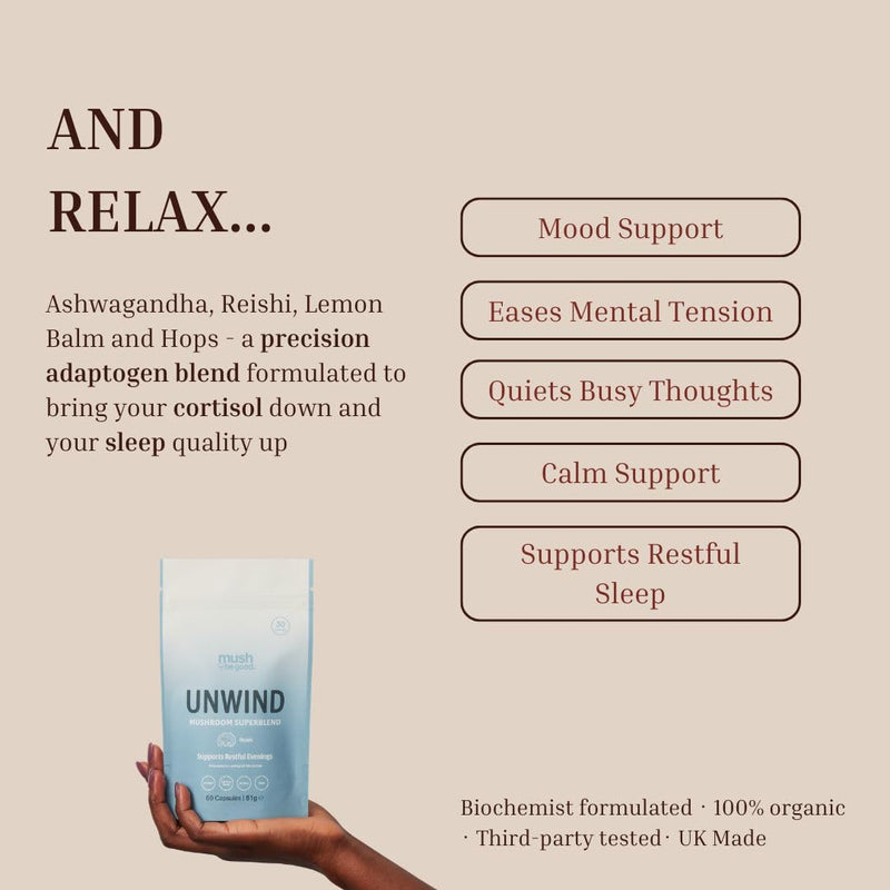 Sleep Supplement for Stress & Anxiety Relief – Natural Calming 60 Capsules with Reishi Mushroom 18:1 400mg, KSM-66 Ashwagandha 300mg, Magnesium & Lemon Balm | Unwind Superblend UK