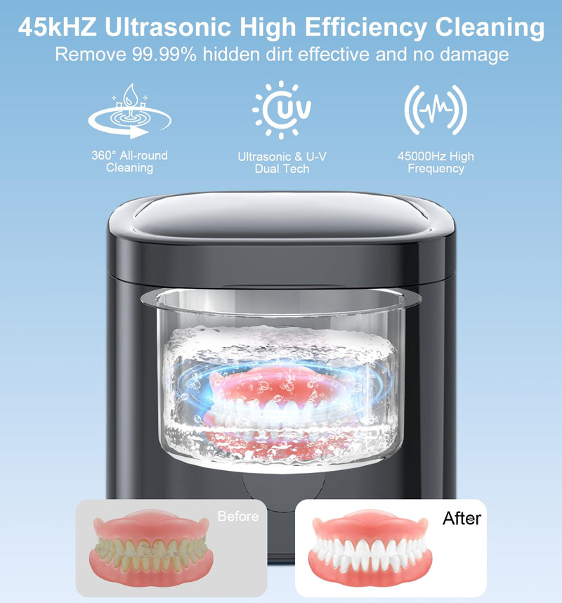 [Australia] - 2025 Ultrasonic Retainer Cleaner Machine, 45kHz Retainer Cleaner with Digital Timer & 3 Modes, 200ML Large Capacity Ultrasonic Cleaner for Dentures, Night Guards, Braces, Aligner, Jewelry and More Black 