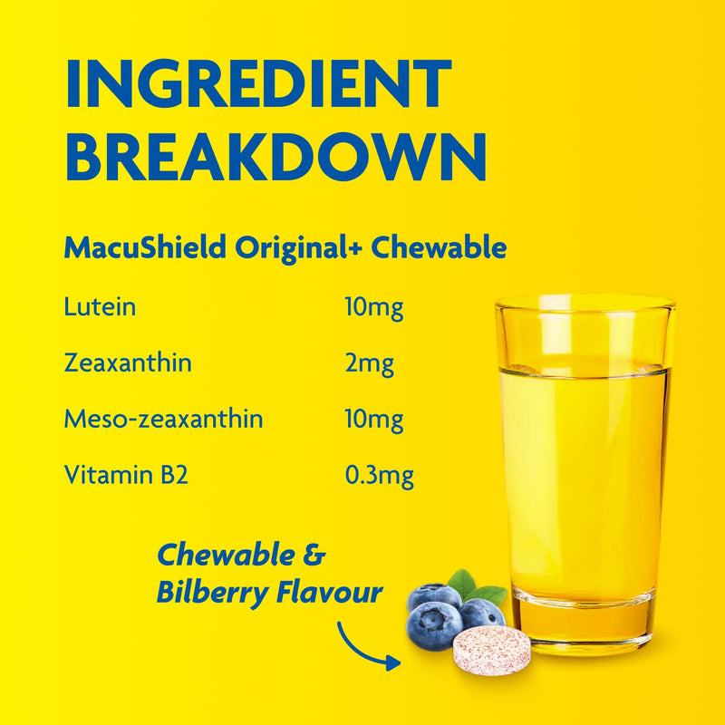 MacuShield Original Plus Chewable – 30 Day Pack, Eye Health Supplement* with Lutein, Zeaxanthin and Meso-zeaxanthin + Vitamin B2 (Riboflavin) which Helps Maintain Normal Vision, Bilberry Flavour Unflavoured 30 count (Pack of 1)