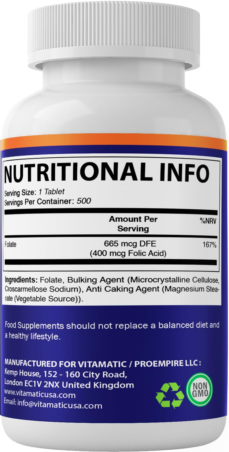Vitamatic Folic Acid 400 mcg - 500 Vegetarian Tablets - Vitamin B9