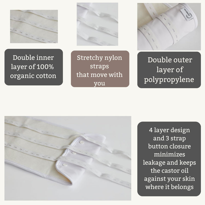 Double Layered Organic Cotton Castor Oil Pack for Liver- heatless, Less-Mess, Reusable- Easy Button Closure with 3 Stretchy Straps for Optimal Comfort, Designed for All Shapes and Sizes.
