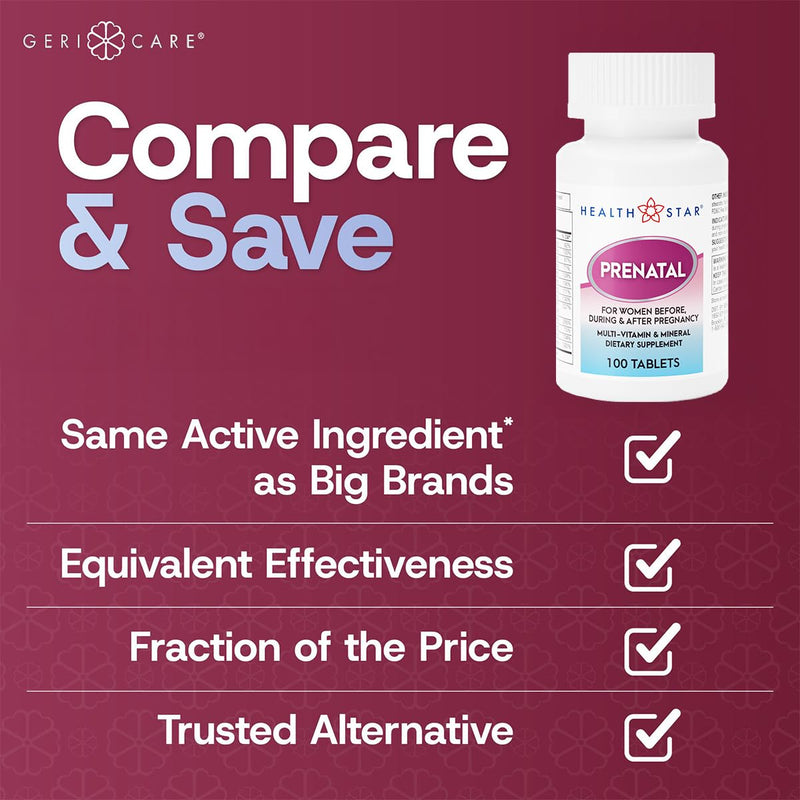 Prenatal Multivitamin by HealthStar for Healthy Mom and Baby - Folate + Vitamin C + Vitamin D + Iron + Calcium + B12 - 100 tablets