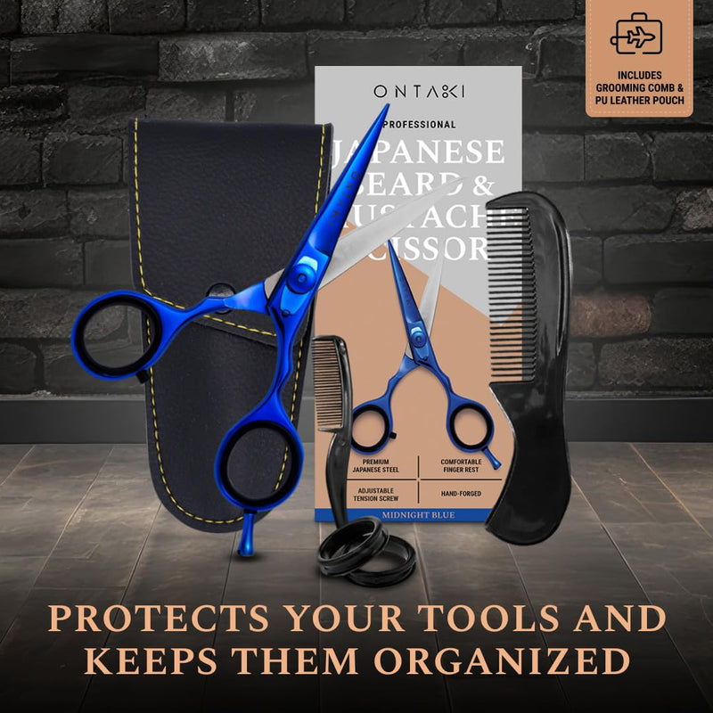 Ontaki Japanese Steel Beard & Hair Scissors - Safe Rounded Tips & Mustache Comb - Ergonomic Grip Beard Scissors for Men - Professional Craftsmanship Barber Shears - Midnight Blue, 5.5" Midnight Blue - 5.5"