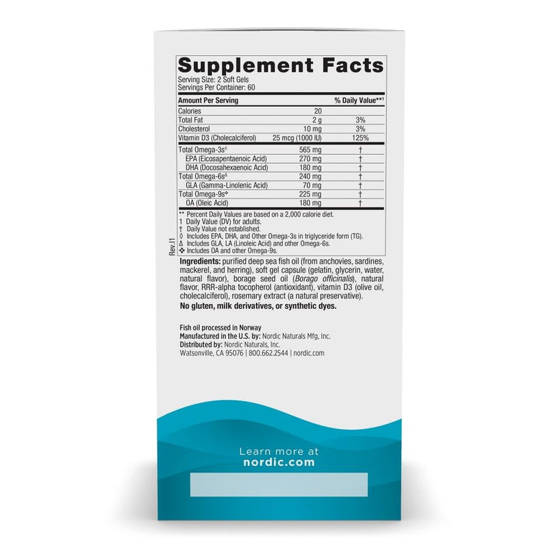 [Australia] - Nordic Naturals Complete Omega-D3, Lemon Flavor - 120 Soft Gels - 565 mg Omega-3 + 70 mg GLA + 1000 IU Vitamin D3 - EPA & DHA - Healthy Skin, Cognition, Positive Mood - Non-GMO - 60 Servings 120 Count (Pack of 1) Standard Packaging 
