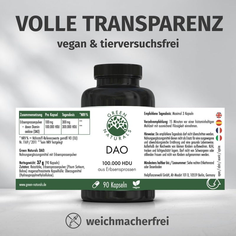 [Australia] - DAO capsules VEGAN - High dosage: 100,000 HDU - 100 mg pea sprout powder per capsule - 90 capsules 