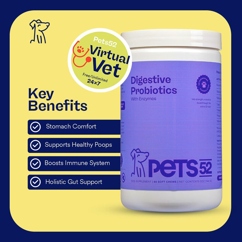 Pets 52 - Digestive Dog Probiotics with Enzymes - Supports Healthy Gut Flora, Boosts Immune System, Promotes Stomach Comfort, Vet-Strength Formula for Improved Digestion - 30-Day Results - PawsPlanet Australia
