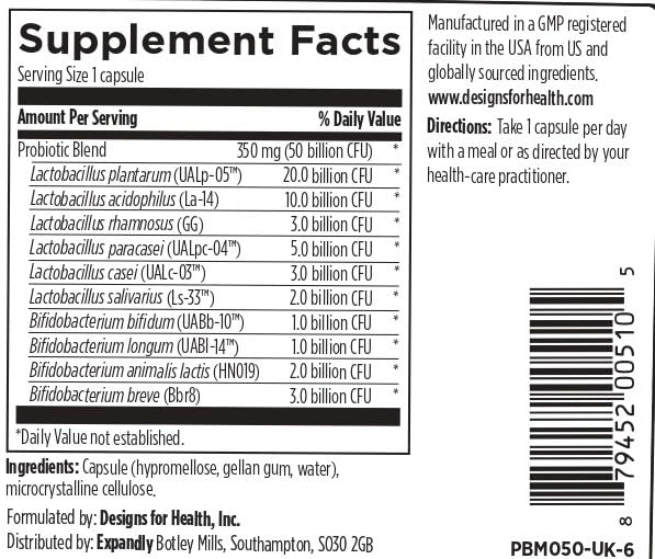 Designs for Health ProbioMed 50 – 50 Billion CFU, Broad Spectrum Gut Bacteria Blend - 10 Strains - Vegan, Shelf-Stable, Gluten Free, Non-GMO - 30 Capsules