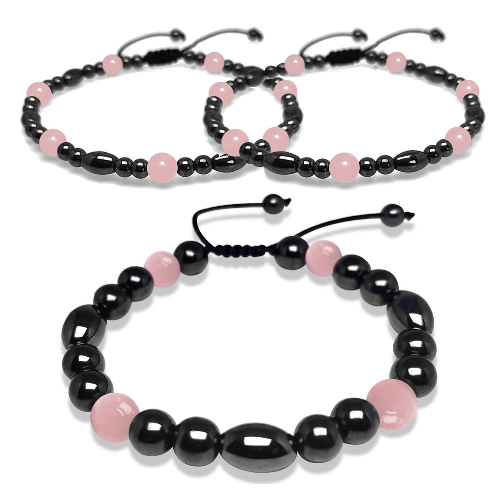 Hion 2 Pack Magnetic Therapy Anklet Bracelet Plus 1 Pack Magnetic Bracelet for Women/Men Pain Relief,Anxiety, Love Attraction, Magnetic Therapy Hematite Rose Quartz Gemstone Anklet Bracelet Set Magnetic Hematite & Rose Quartz